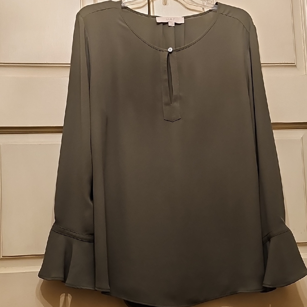 LOFT Green Flutter Sleeve Blouse with Ruffled Details